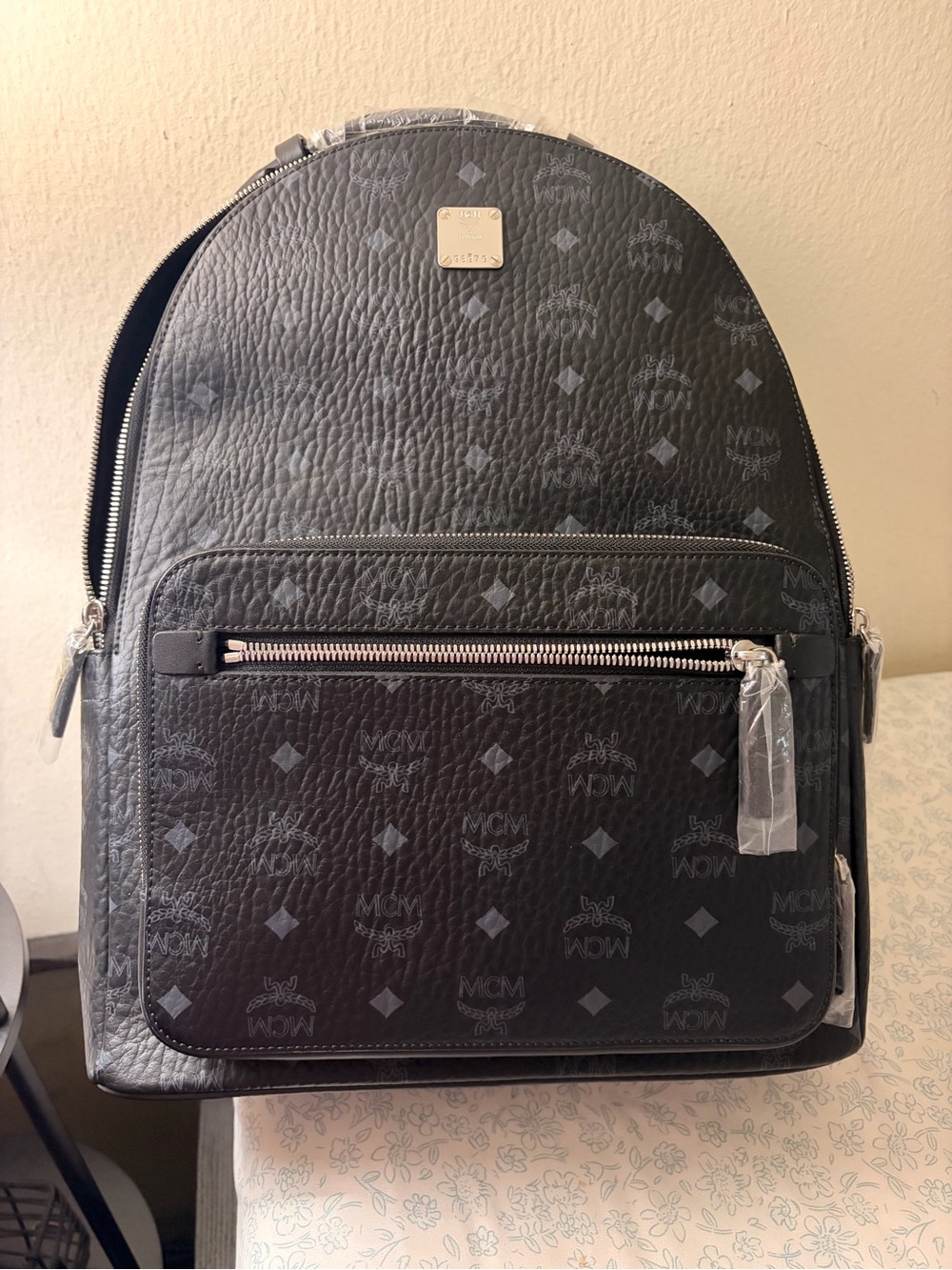 MCM Black Logo Coated Canvas Backpack with Silver Hardware